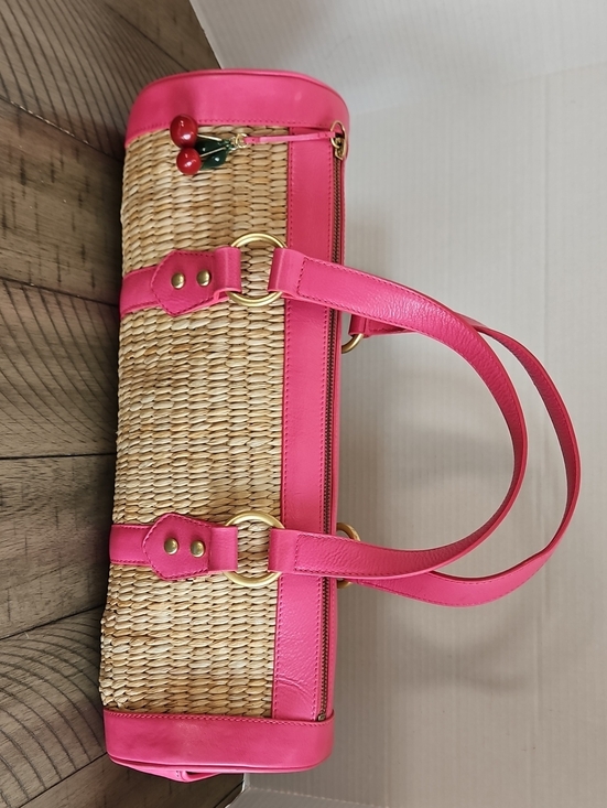 Juicy Couture Handbags - Y2K Juicy Couture Pink Straw Leather Trim Bag with Cherry Charm Coquette Rare